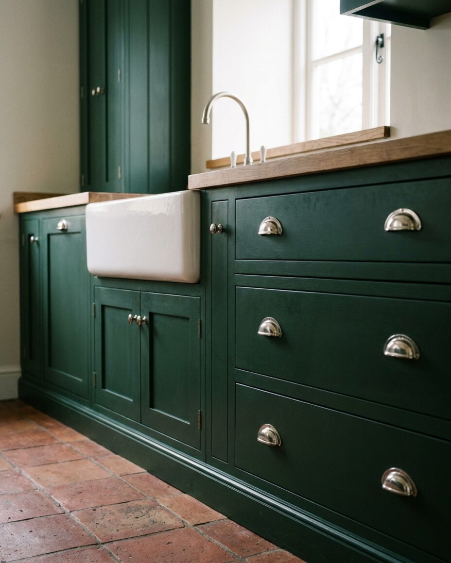Deep forest green shaker cabinetry with polished nickel cup handles and a butler sink