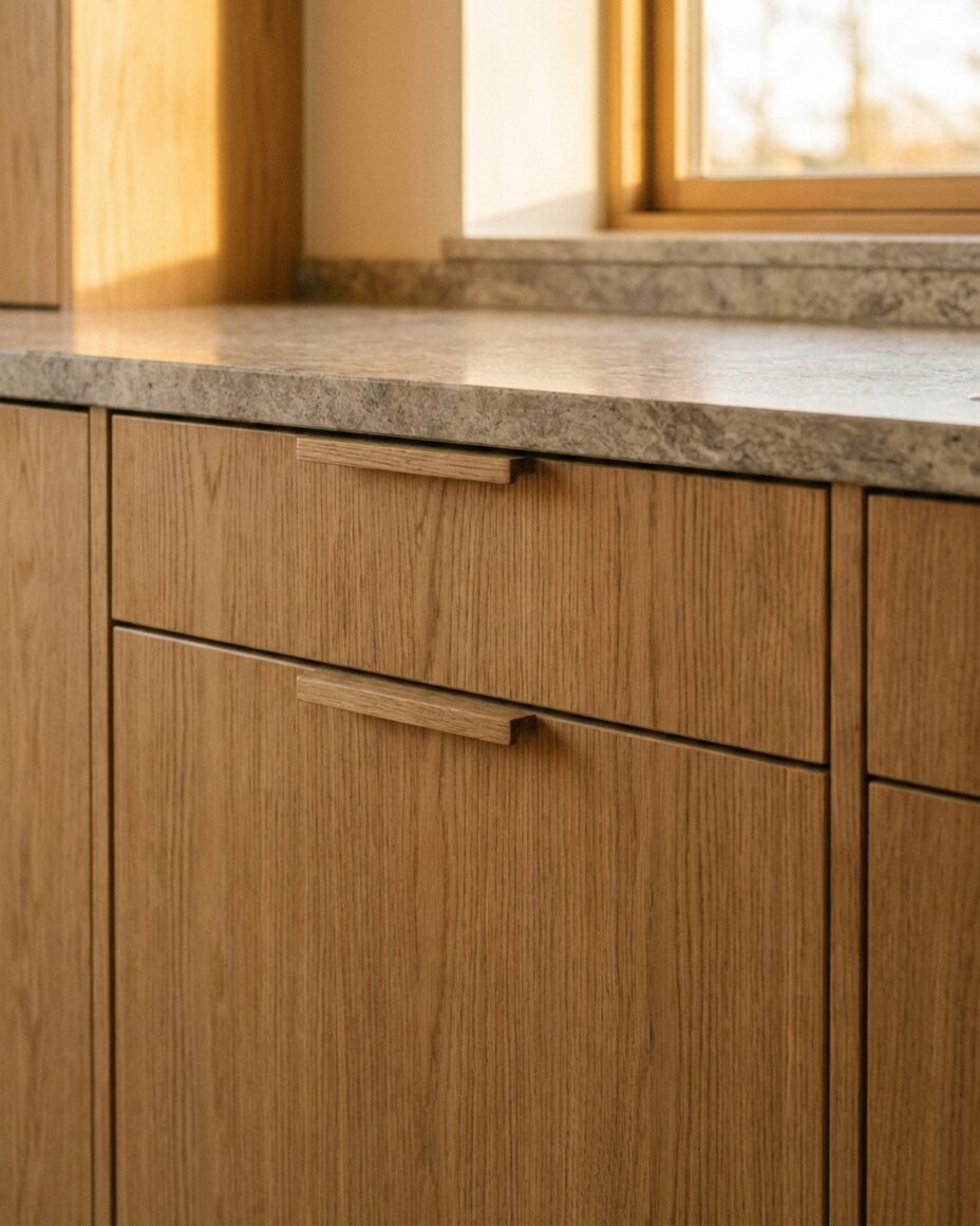 Natural oak cabinetry with slim recessed finger pulls and a honed granite worktop