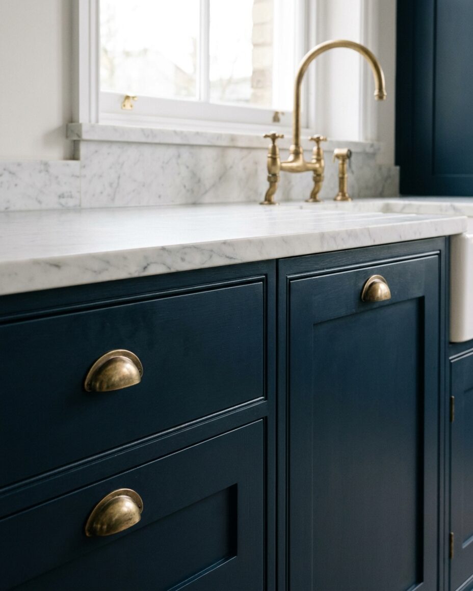 Deep navy shaker cabinetry with aged brass cup handles and a white marble worktop
