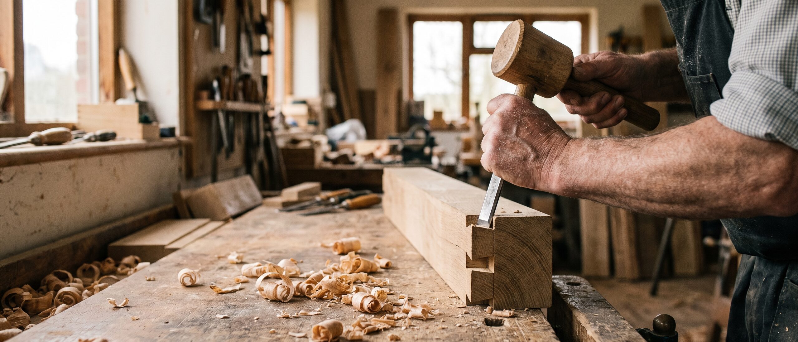 A cabinetmaker cutting dovetail joints into oak with a chisel and mallet
