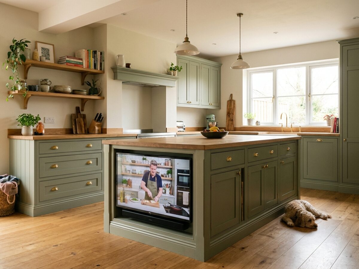 Warm oak and sage green kitchen with open shelving and a central island