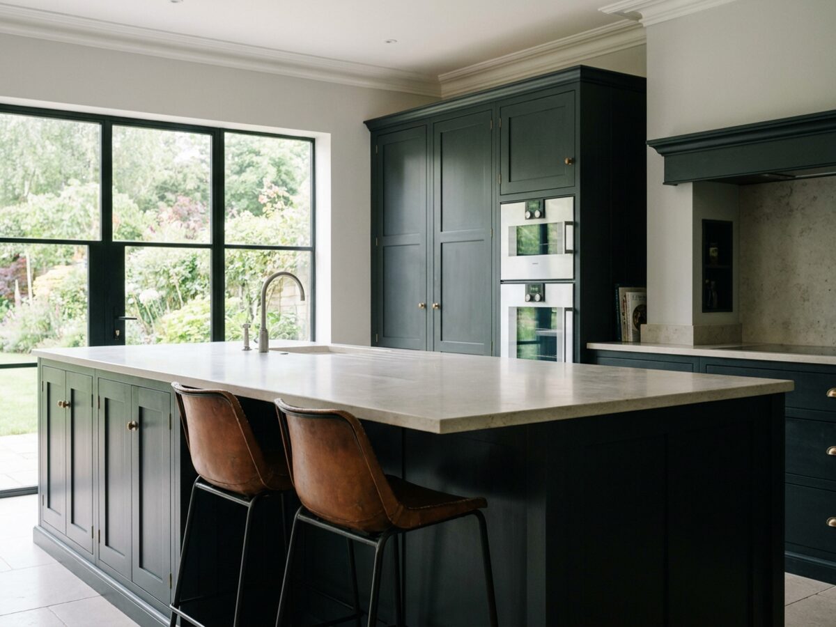 Dark charcoal kitchen with a large island, leather bar stools and integrated ovens